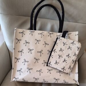 Elegant Bow-Print Tote Bag with Pouch - Tan